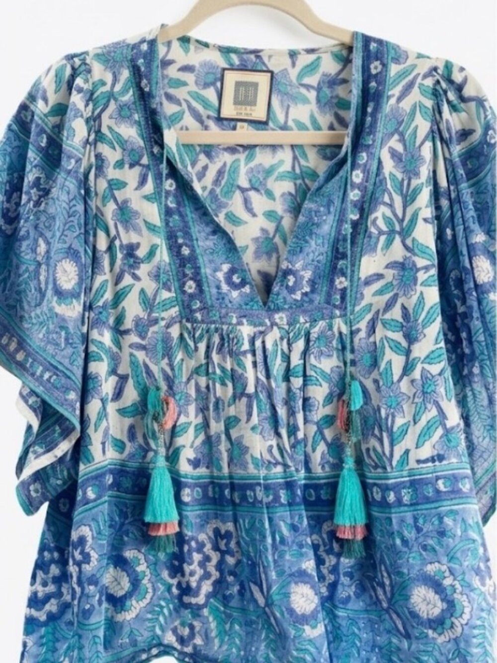 BELL by Alicia Bell Block Print Flutter Sleeve Blouse Blue Tassel Peasant Top M